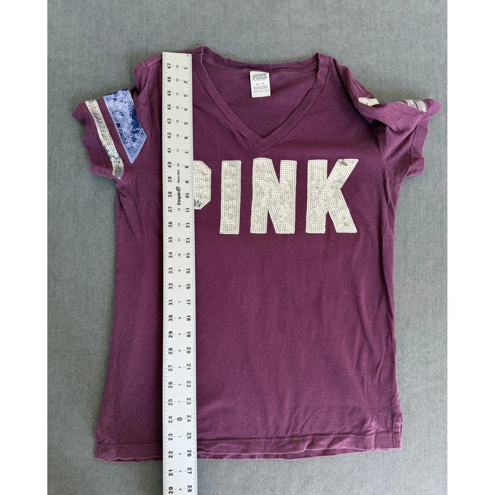 PINK Sequin Logo V Neck Tee Womens XS Burgundy Y2K Athleisure Lounge Sporty - Picture 7 of 8